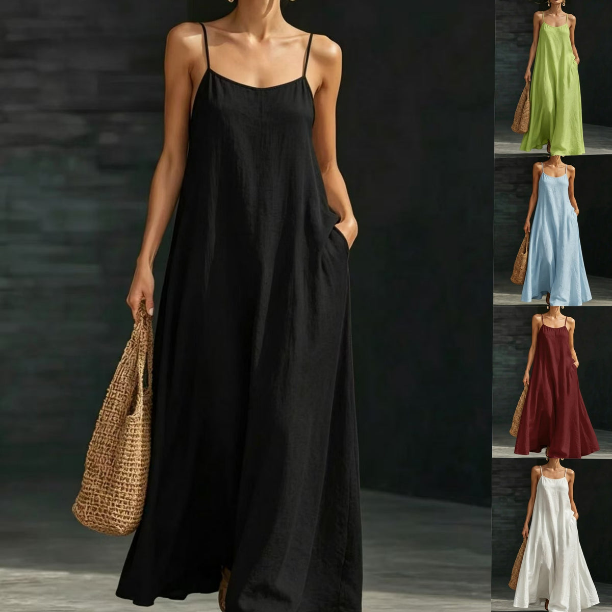 Summer New Arrival Beach Vacation Dress, Loose Flowy Spaghetti Strap Maxi Dress, Casual Holiday Style Women's Clothing