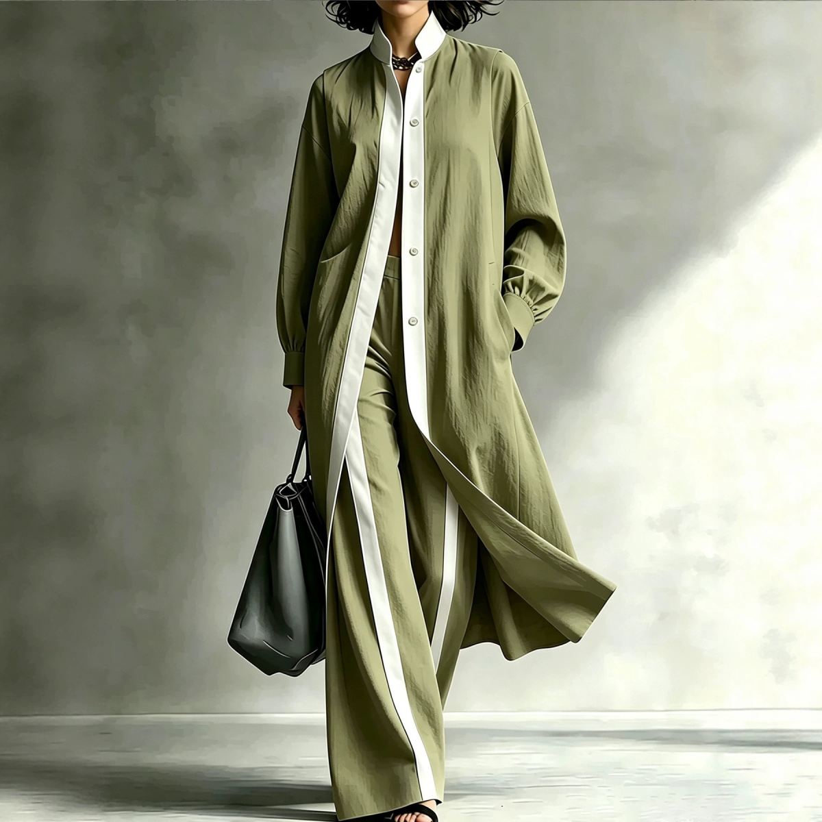 Womens Color-Block Loose-Fit Fashion Long-Sleeve Coat And Pants Set
