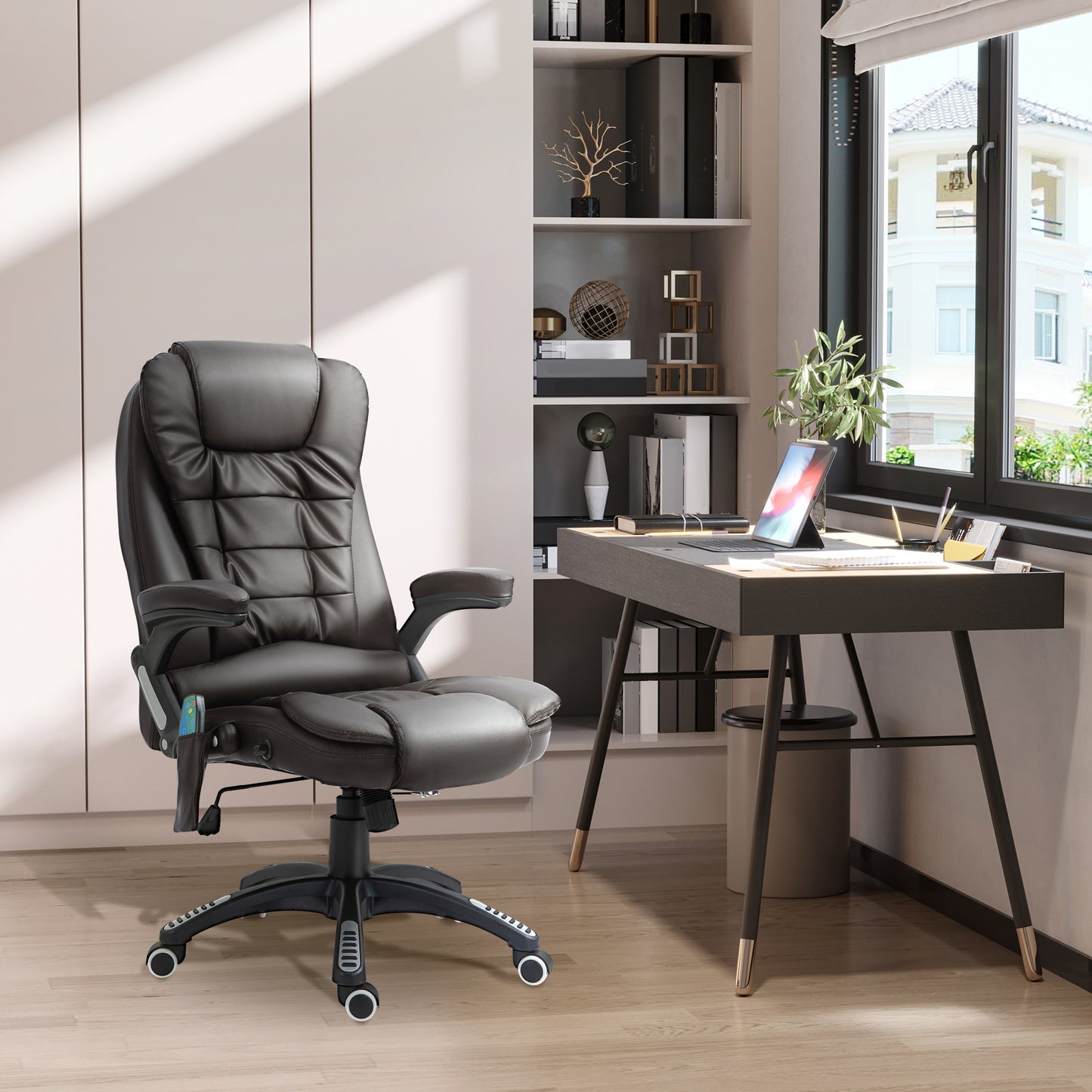 6-Point Massage Office Chair With Seat Heated For Home Office, PU Leather High Back Executive Desk Chair With Adjustable Height And 360° Swivel For Work Study, Brown