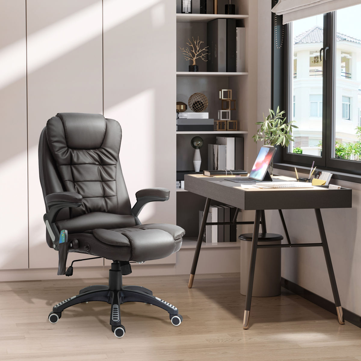 6-Point Massage Office Chair With Seat Heated For Home Office, PU Leather High Back Executive Desk Chair With Adjustable Height And 360° Swivel For Work Study, Brown
