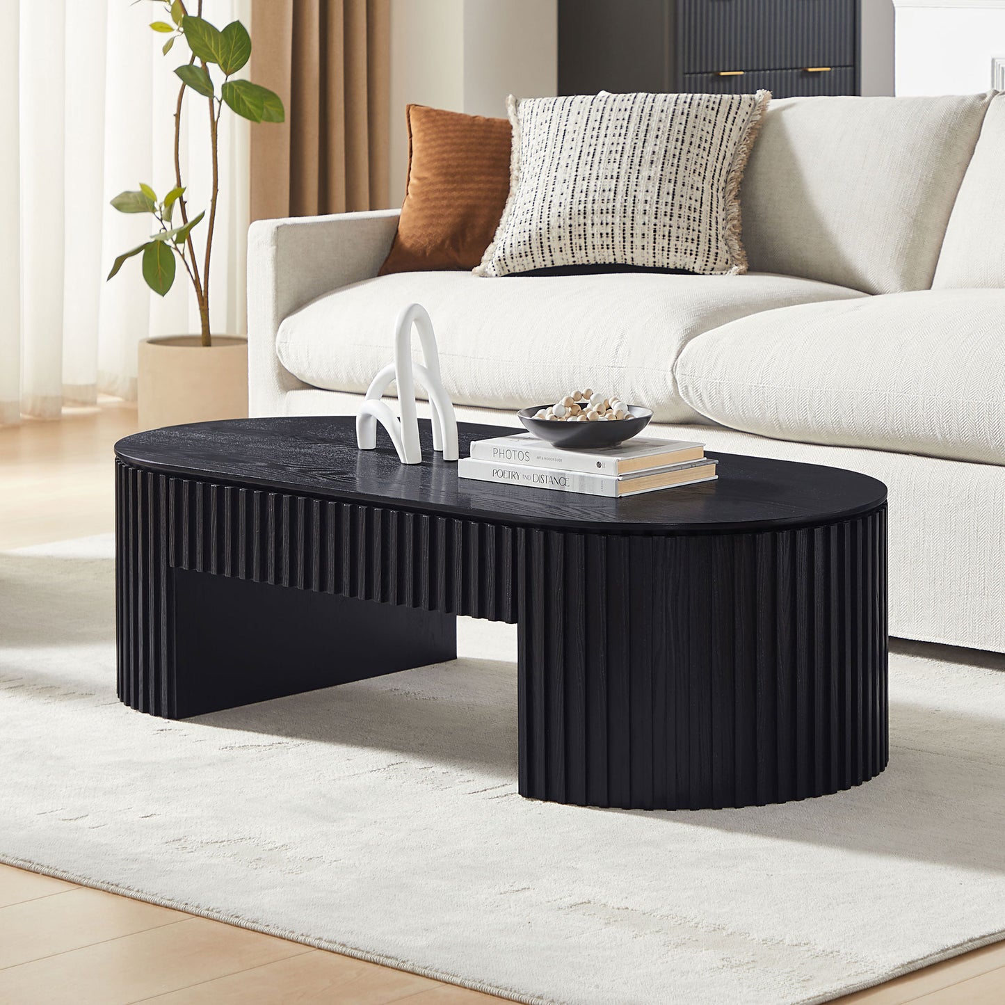51.18   Oval Wood Coffee Table With Drawer  Mid Century Modern Coffee Table Unique Coffee Table For Living Room Furniture, Tea Table BLACK
