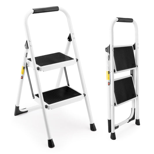 2 Step Ladder, Folding Step Stool With Anti-Slip And Wide Pedal, Lightweight Stepladder With Handrails, Portable For Kitchen, Household, 330LBS, White