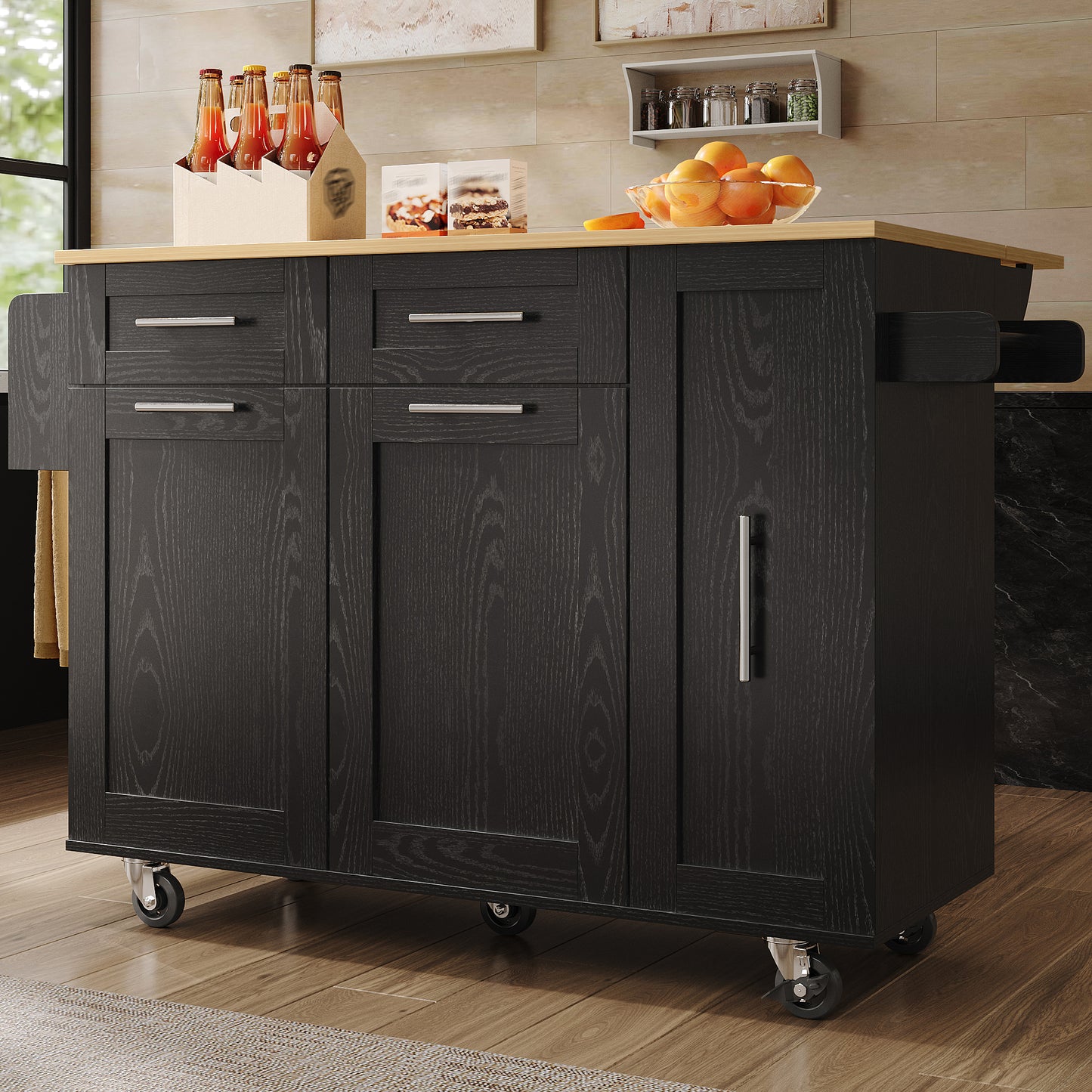 Modern Kitchen Island, Kitchen Cabinet, Buffet Cabinet, Wood-Grain Dining Cart, Multifunctional Dining Table With Storage Space, Dining Cart With Snack Shelves And Stretch Function Cabinets, Black
