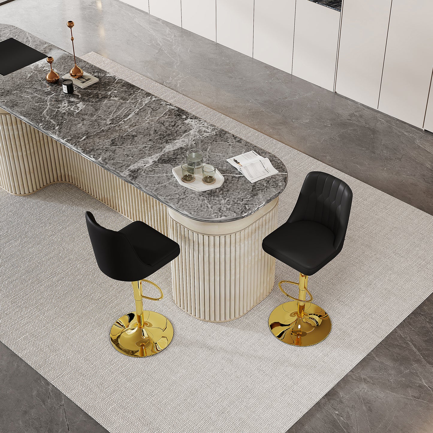 Height-adjustable Bar Stool In Set Of 2, 360  Swivel, Backrest With Black PU Leather And Quilted Pattern, Legs Made Of Golden Metal. Suitable For Kitchen Islands And Bar Counters.