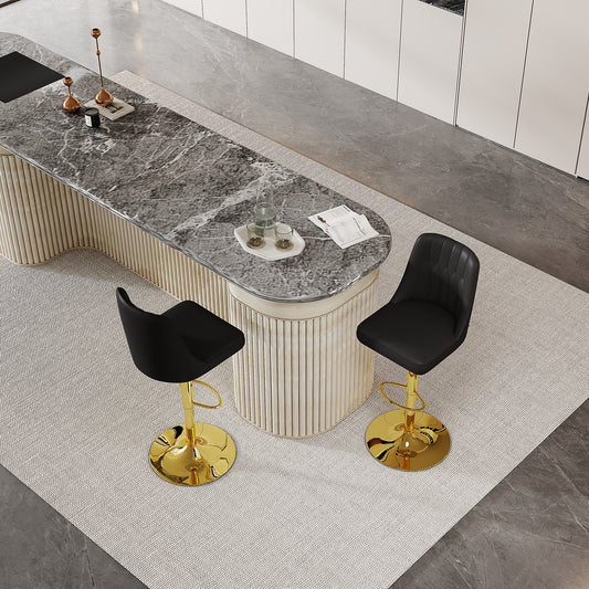Height-adjustable Bar Stool In Set Of 2, 360  Swivel, Backrest With Black PU Leather And Quilted Pattern, Legs Made Of Golden Metal. Suitable For Kitchen Islands And Bar Counters.
