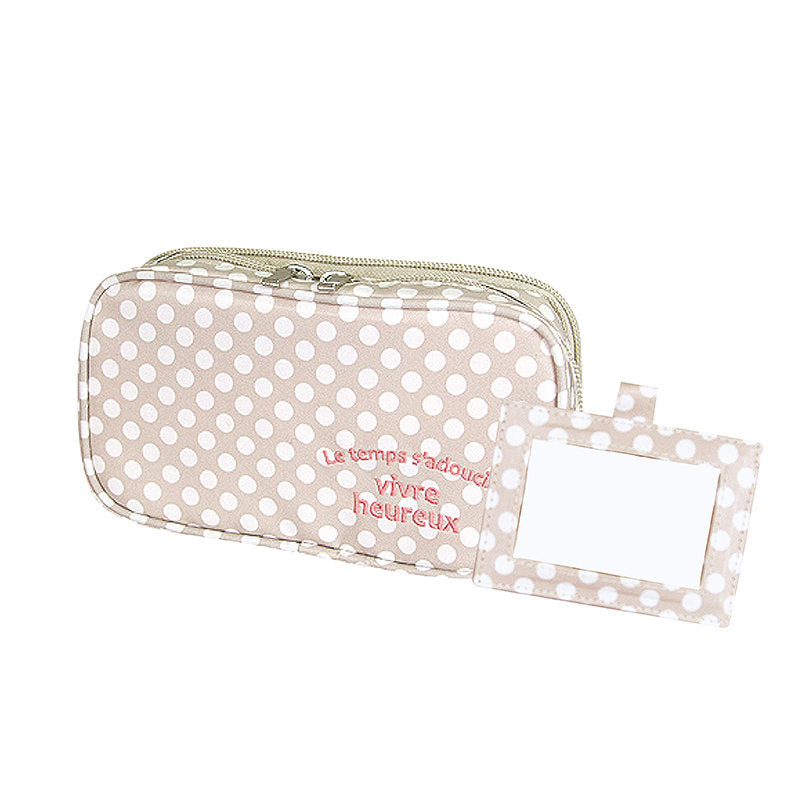 2 Layer Makeup Bag W Mirror Travel Cosmetic Bag Organizer Brush Slots Portable  Beige