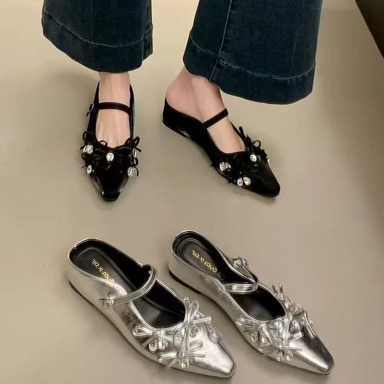 Women's Silver Hidden Wedge Closed Toe Mules, Outdoor Wear, 2025 New Spring & Summer Mary Janes With Bow