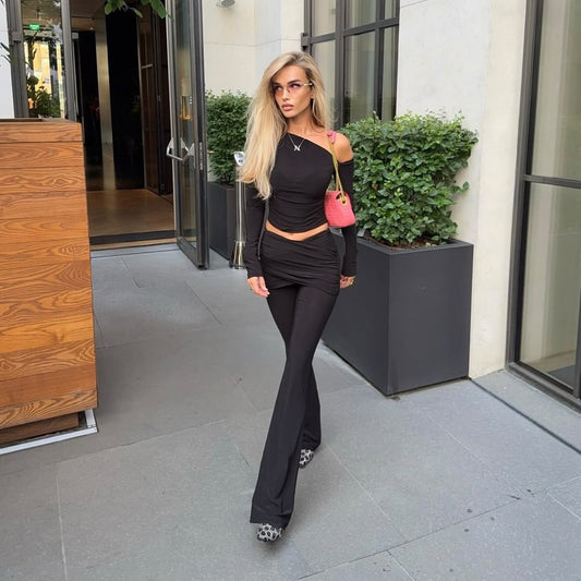 Two-piece Set Long-sleeve Top And Flared Body-hugging Pants