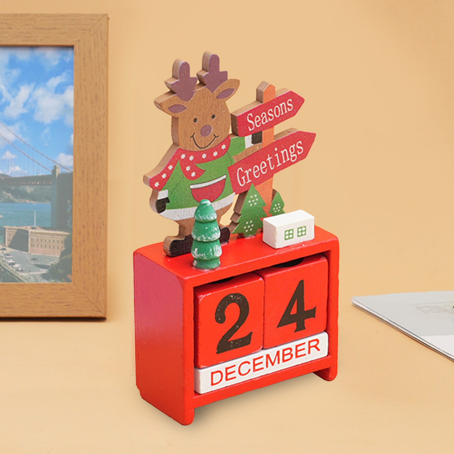 Xmas Desk Calendar Desktop Decoration Tabletop Number Date Wooden Blocks Ornament Elk