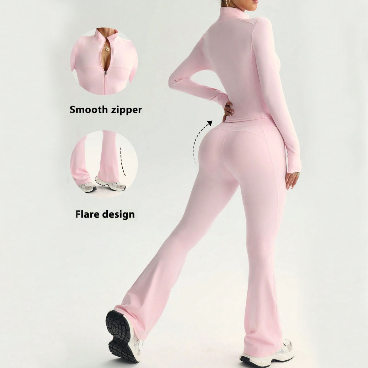 Womens Solid-Color Casual Sports Yoga Long-Sleeve Zip-Up Long Set