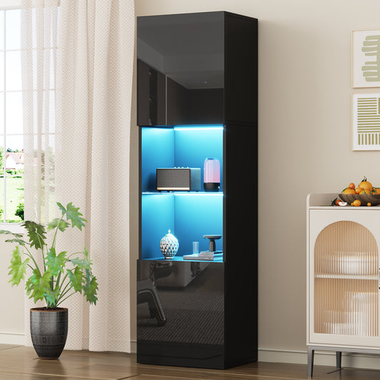 High-gloss Black Display Cabinet With LED Lighting, 1 Glass Shelf,Display Cabinet, Freestanding Display Cabinet, Tall Cabinet, Storage Cabinet