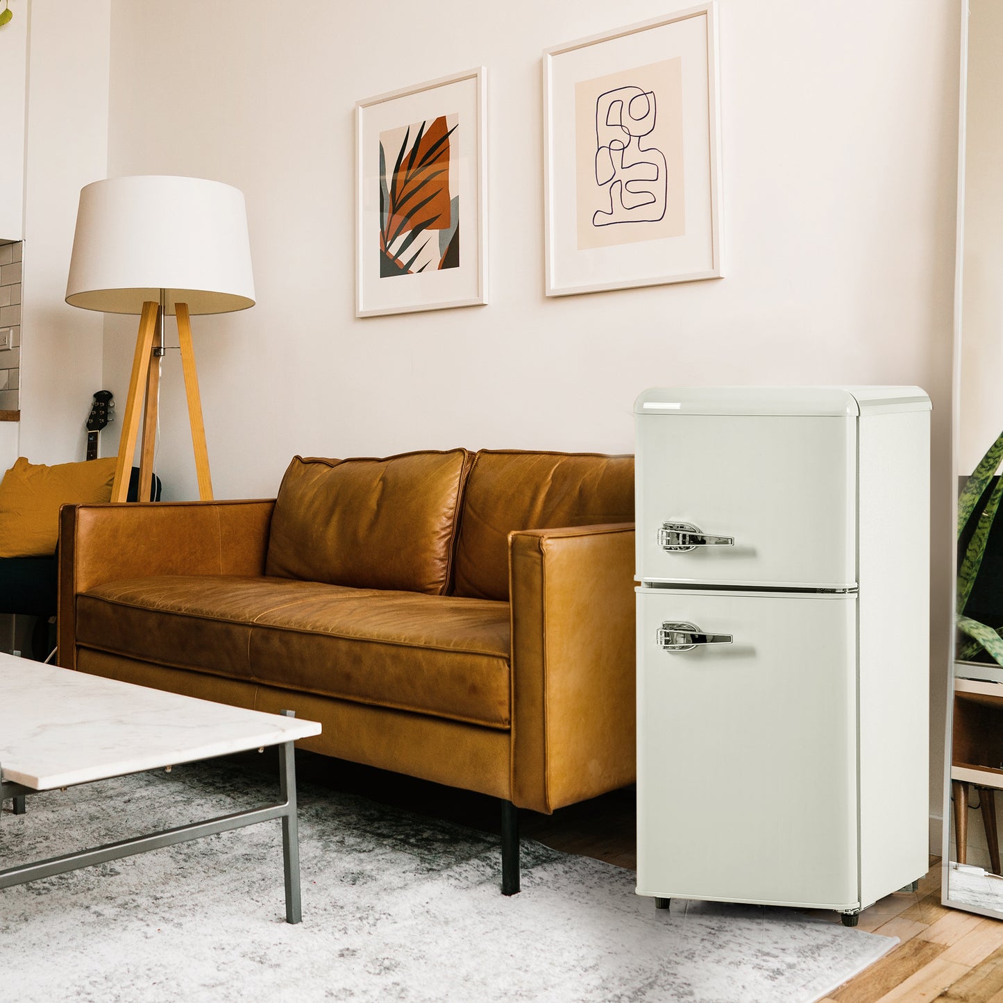 Retro-style Refrigeratorfreezer. 88.8 Cm High, Two-door, 60-liter Total Capacity, 22-liter Freezer Compartment. 102 KWh Year,, LED Lighting. Cream White, Energy Efficiency