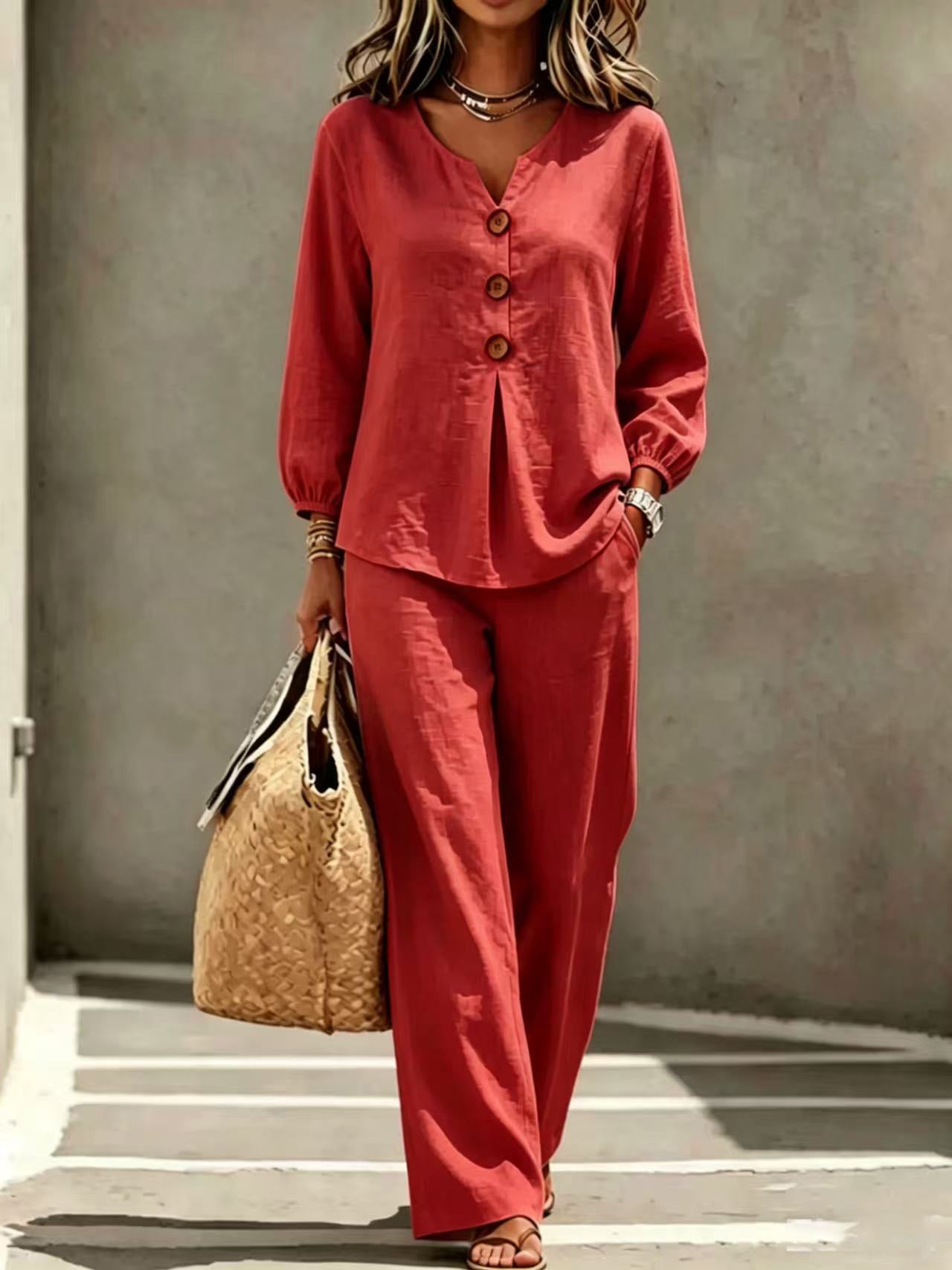 Women's New Casual Two-piece Top With V-neck Long Sleeved Pants