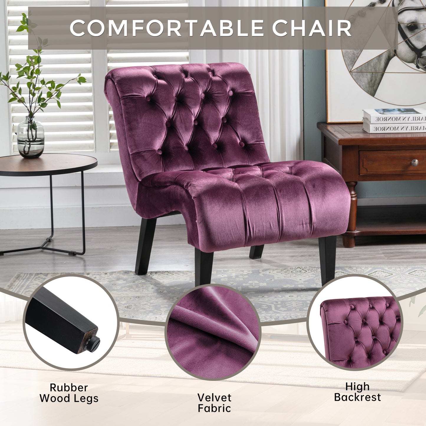 COOLMORE Modern Velvet Armless Accent Living Room Chair   Leisure Chair,Upholstered Fabric Button Comfortable Chair With Wooden Legs For Bedroom, Living Room, Office  Purple Velvet