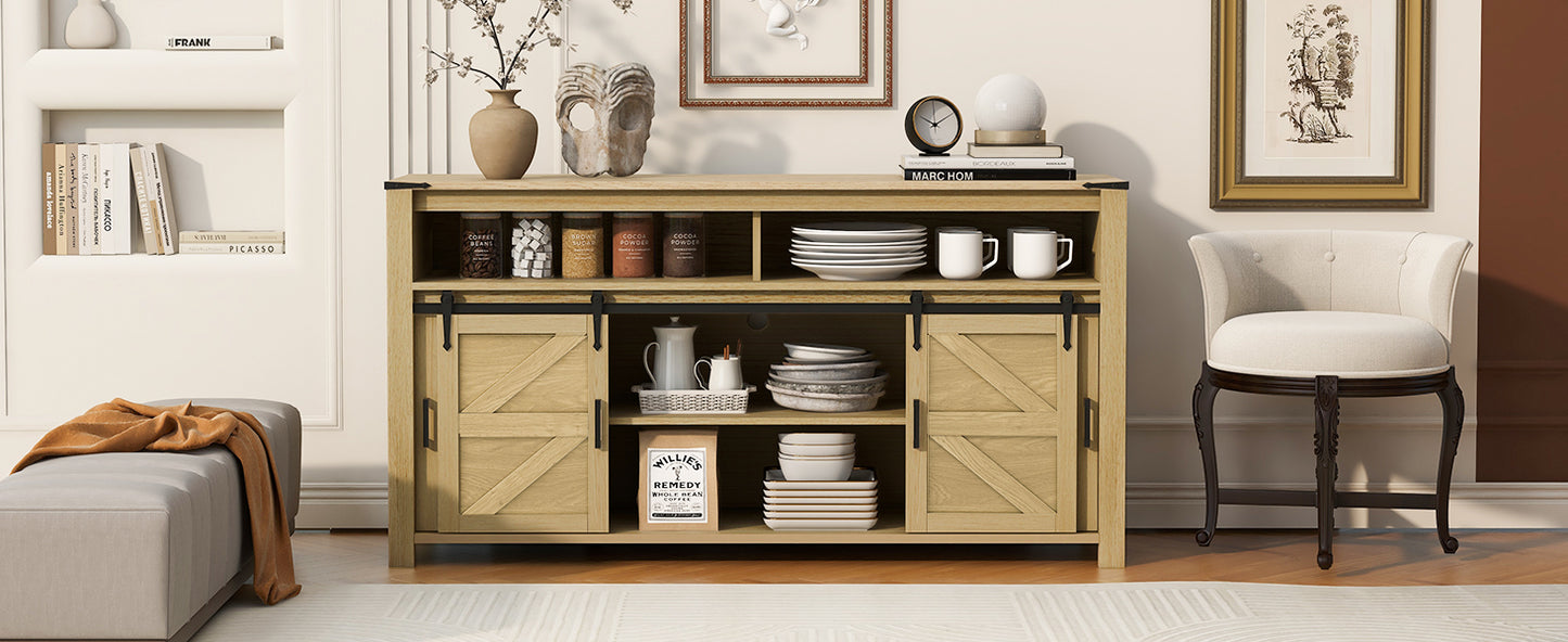 U-STYLE 59.3 Sideboard With Sliding Barn Door And Mesh Panels Farmhouse Buffet With Open Storage Suitable For Living Room  Hallway  Balcony Kitchen  Office
