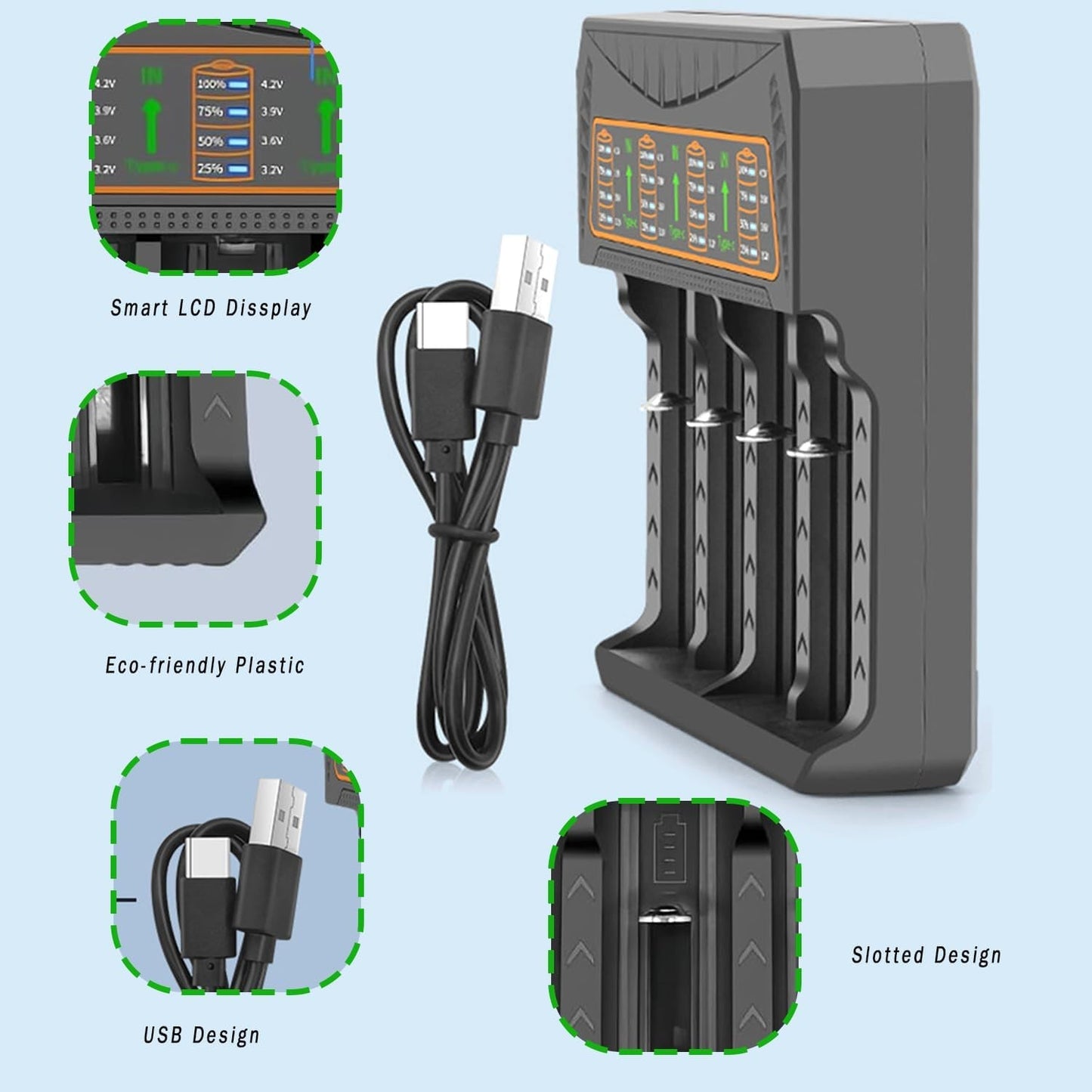 4-Slot LED Smart Battery Charger USB For Rechargeable AA AAA Nimh Battery 18650