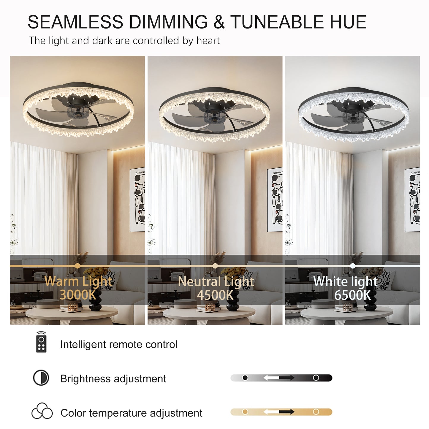 Smart Flush Mount Ceiling Fan With Light-20-inch Integrated LED Chandelier With 5 Invisible Blades, Remote Control & Timer, Dimmable Lighting, Ultra-Quiet Operation For Bedroom, Living Room, And Din