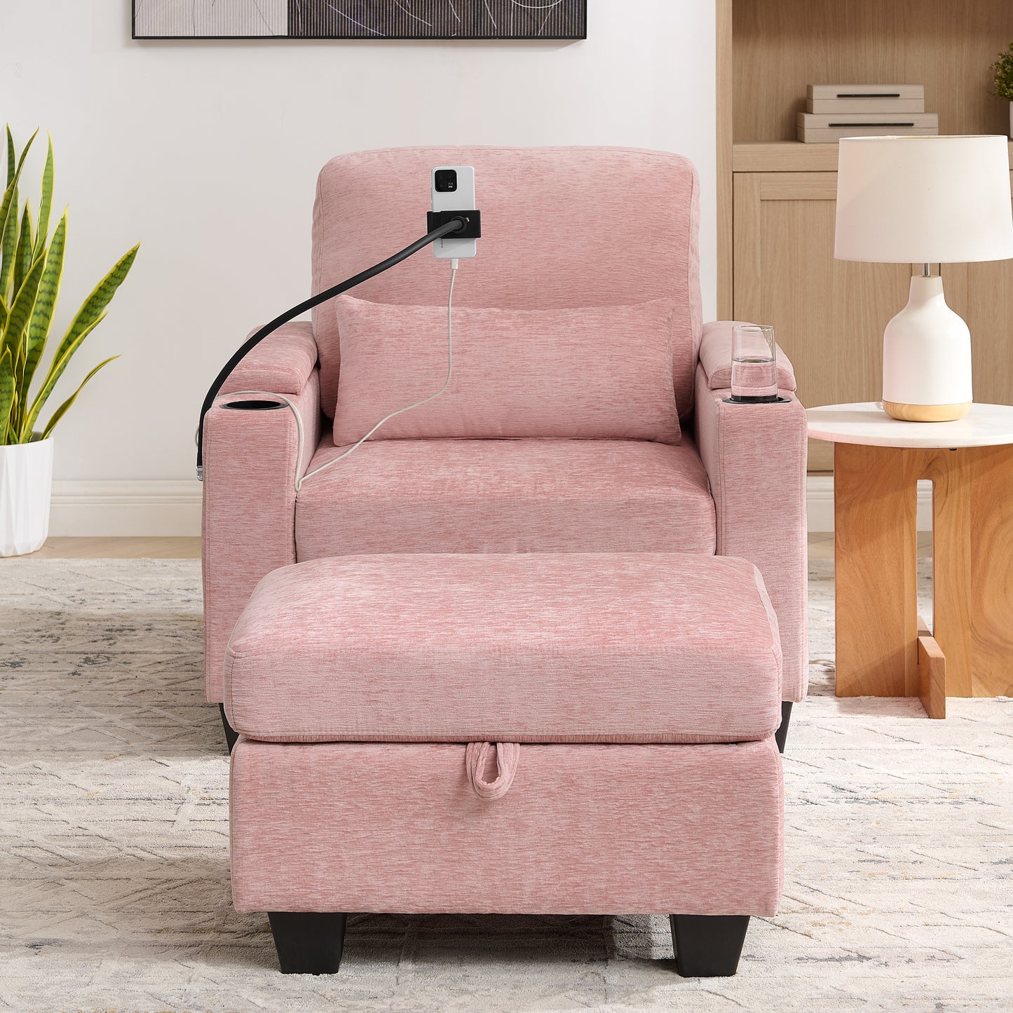 Single Sofa Recliner With Manually Adjustable Backrest, USB Charging Port On The Armrest Side, Phone Stand Included, Hidden Armrest Storage, And A Matching Storage Ottoman-Pink