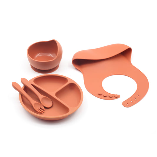 Four-piece Feeding Tableware Baby's Silicone Bib Food Grade Children's Suit Including Pinny Solid Food Bowl