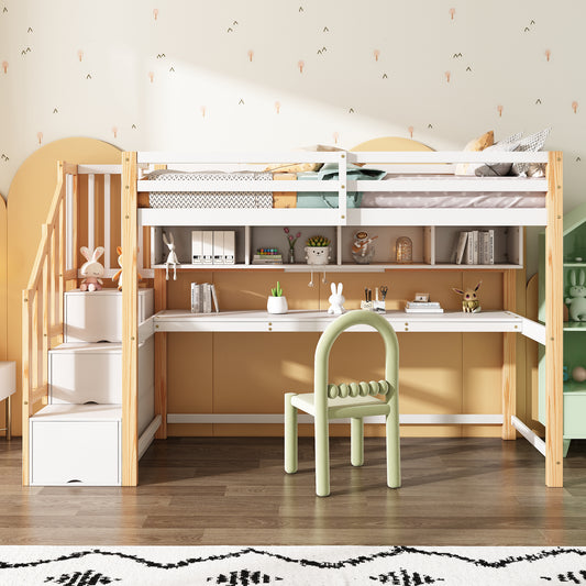 Children's Loft BedChildren's Bed With Large Desk And Shelves, Eco-Friendly Colors, Natural And White