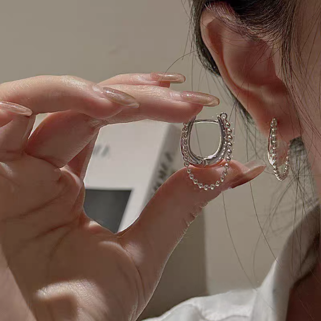 1 Pair 999 Sterling Silver Beaded Chain Hoop Earrings, Minimalist Style, Perfect For Daily Wear And Valentine's Gift