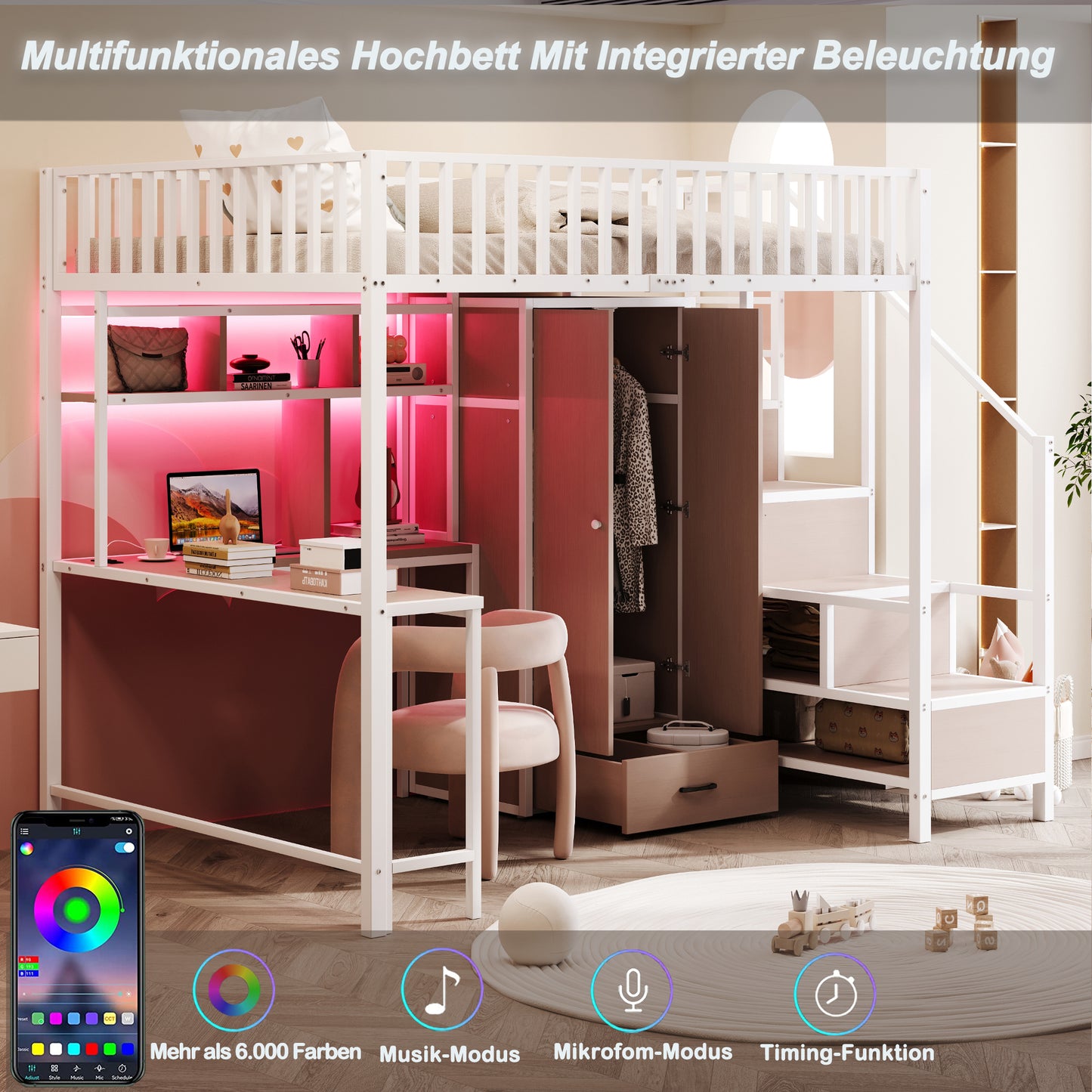 Metal Loft Bed 140 X 200 Cm With Desk, Shelf, Wardrobe And Drawers, With Storage Ladder And Safety Railing, Complete With Charging Socket And LED Lighting, Metal Frame, White