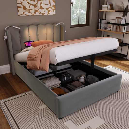 Upholstered Bed Single Bed Reading Light With Charging Headboard Storage Bed Frame Velvet Youth Bed 90x200 With Slatted Frame,Grey Without Mattress