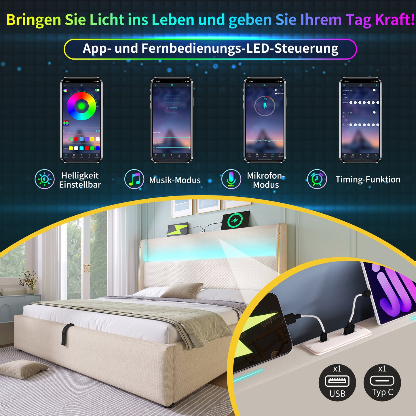 Modern Hydraulic Bed With High Headboard, 140x200cm Double Bed With LED Lighting, Storage Space & USB Type-C Ports, In Linen Look Beige Without Mattress