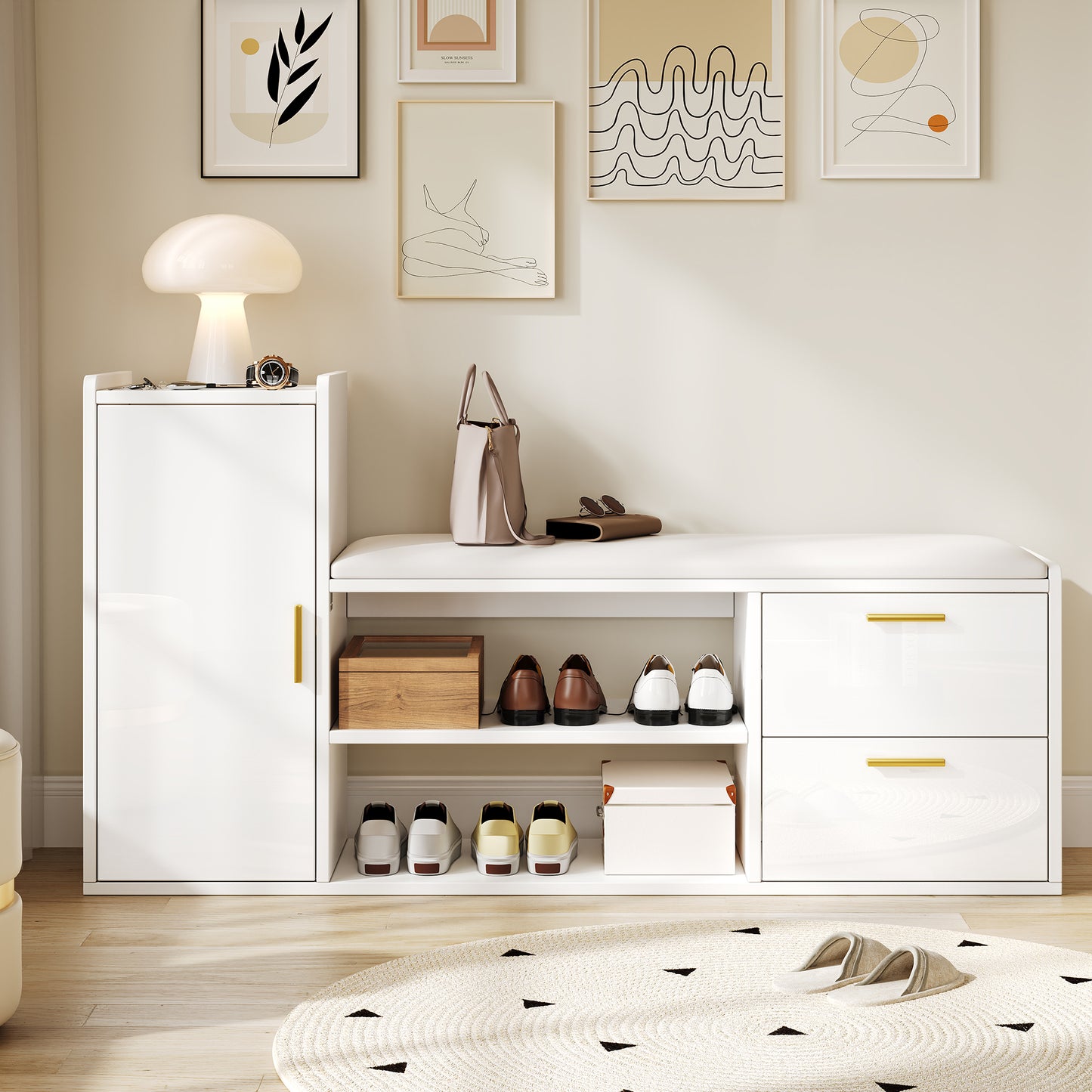 128x30x68cm Shoe Cabinet Shoe Rack With 2 Drawers 1 Cabinet, High Gloss Shoe Benches Benches With Upholstered And Storage Space, Suitable For Living Room, Hallway, Office, White