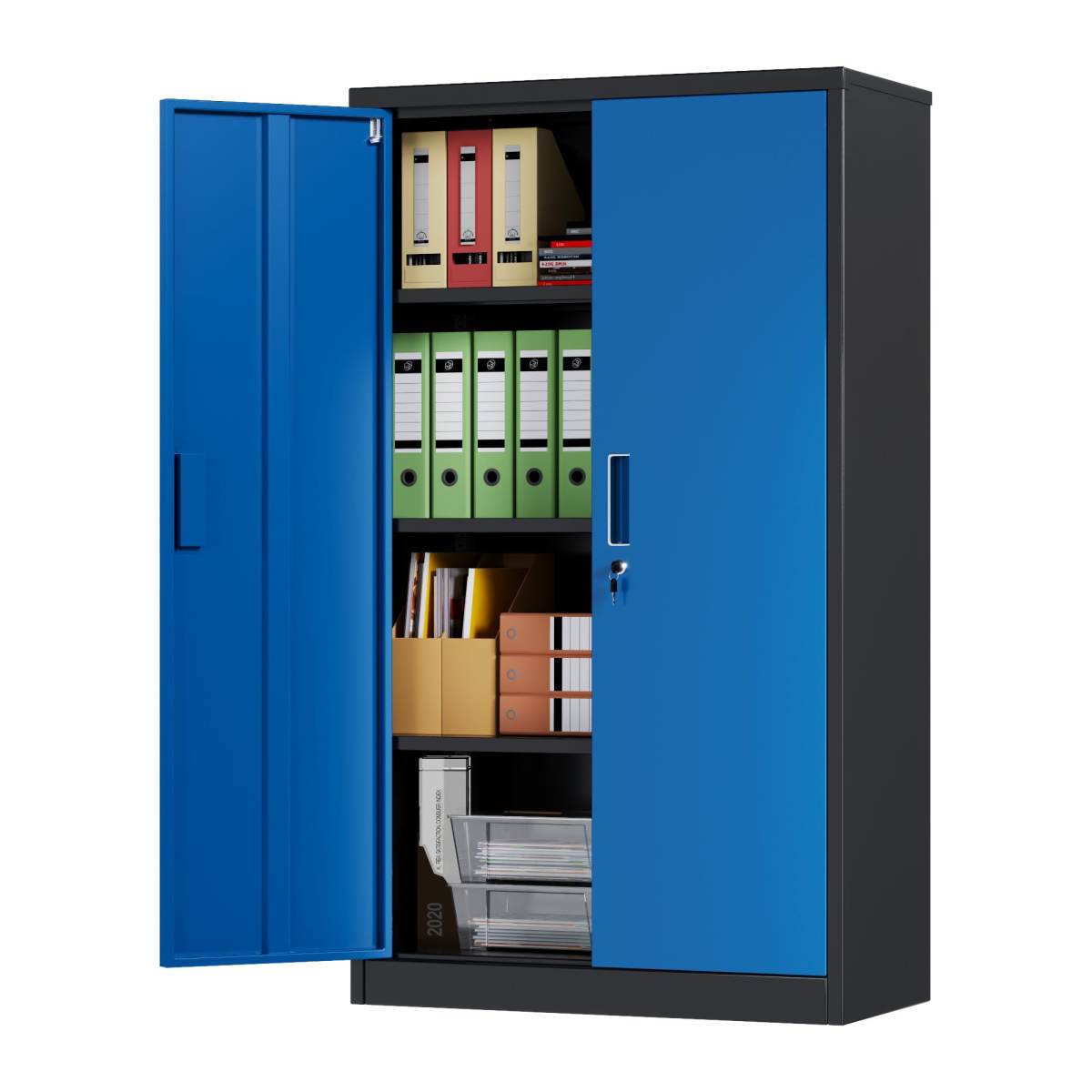 Metal Garage Storage Cabinet, Lockable Steel Storage Cabinet With 3 Adjustable Shelves For Garage, Office, Home, Assembly Required, Black & Blue