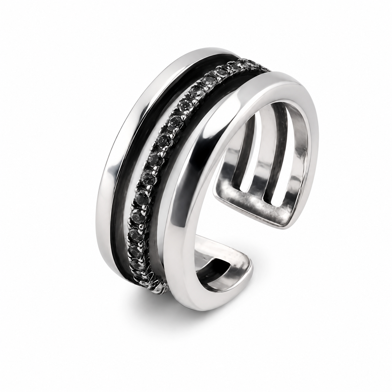 Three Band Black CZ Inlay Open Adjustable Wide Band Ring For Men Women, Copper Plated Silver Split Shank Vintage Punk Stackable Statement Jewelry Gift