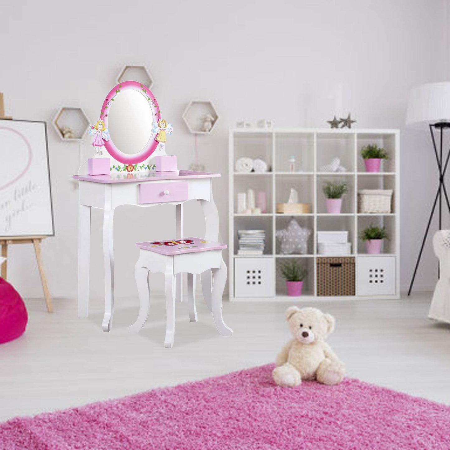 Kids Vanity Set Floral Printed Wooden Makeup Dressing Princess Table With Mirror And Stool For Role Playing Pink