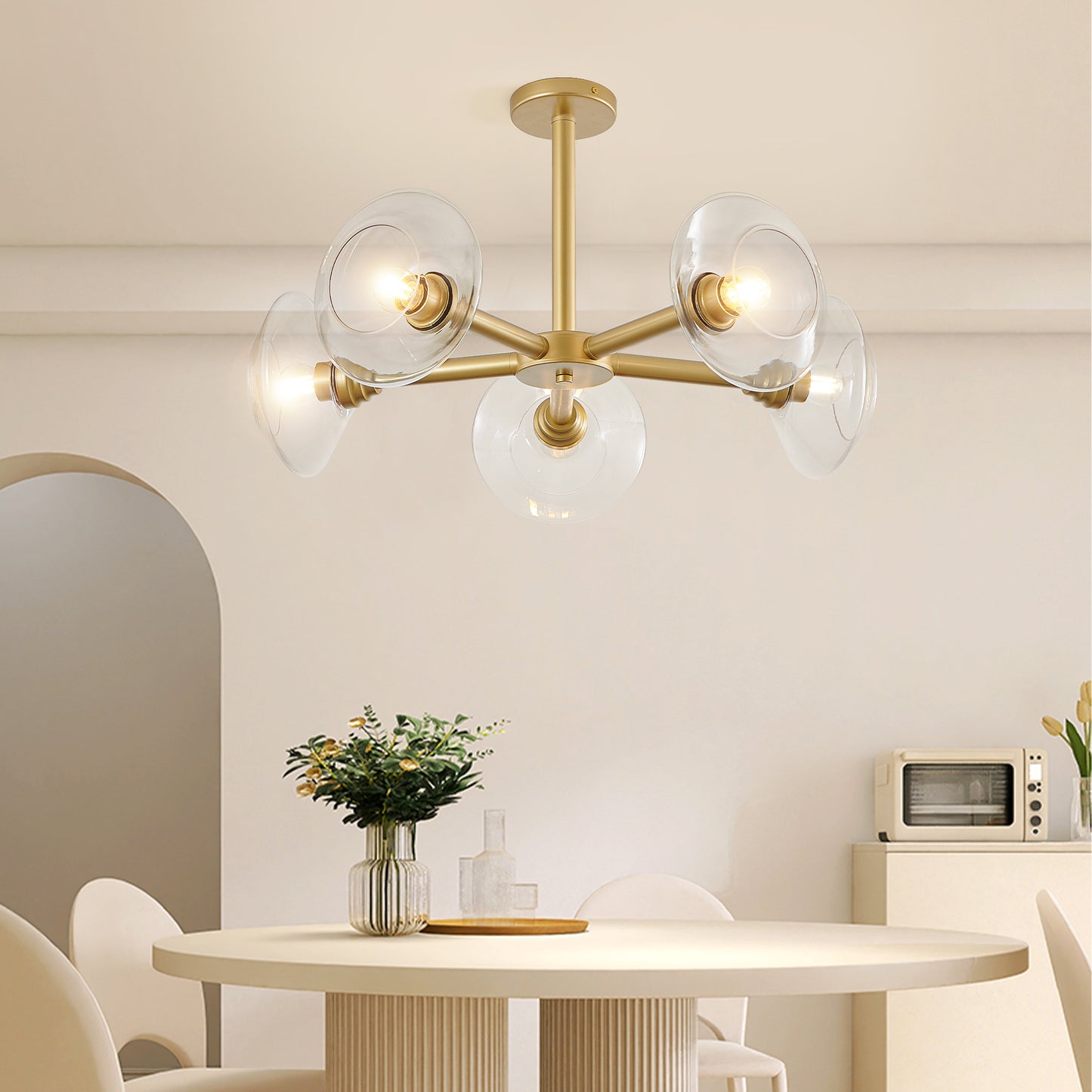 26  Modern Gold 5-Light Sputnik Chandelier With Clear Glass Shades, Mid-Century Hanging Pendant Light Fixture For Dining Room, Living Room, Or Kitchen Bulb Not Included