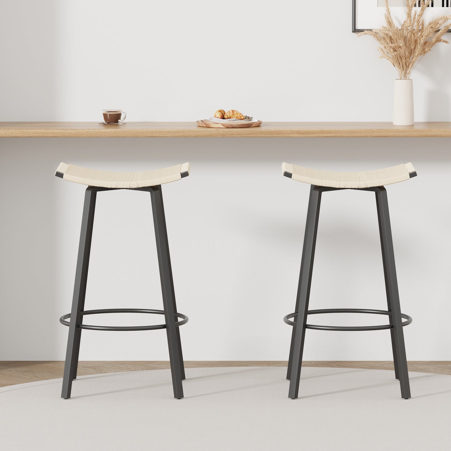 Counter Height Bar Stools Backless Handwoven Kitchen Dining Chairs With Round Footrest Set Of 2 PVC Weaving Pub Stool For Indoor & Outdoor  Black & Creamy White