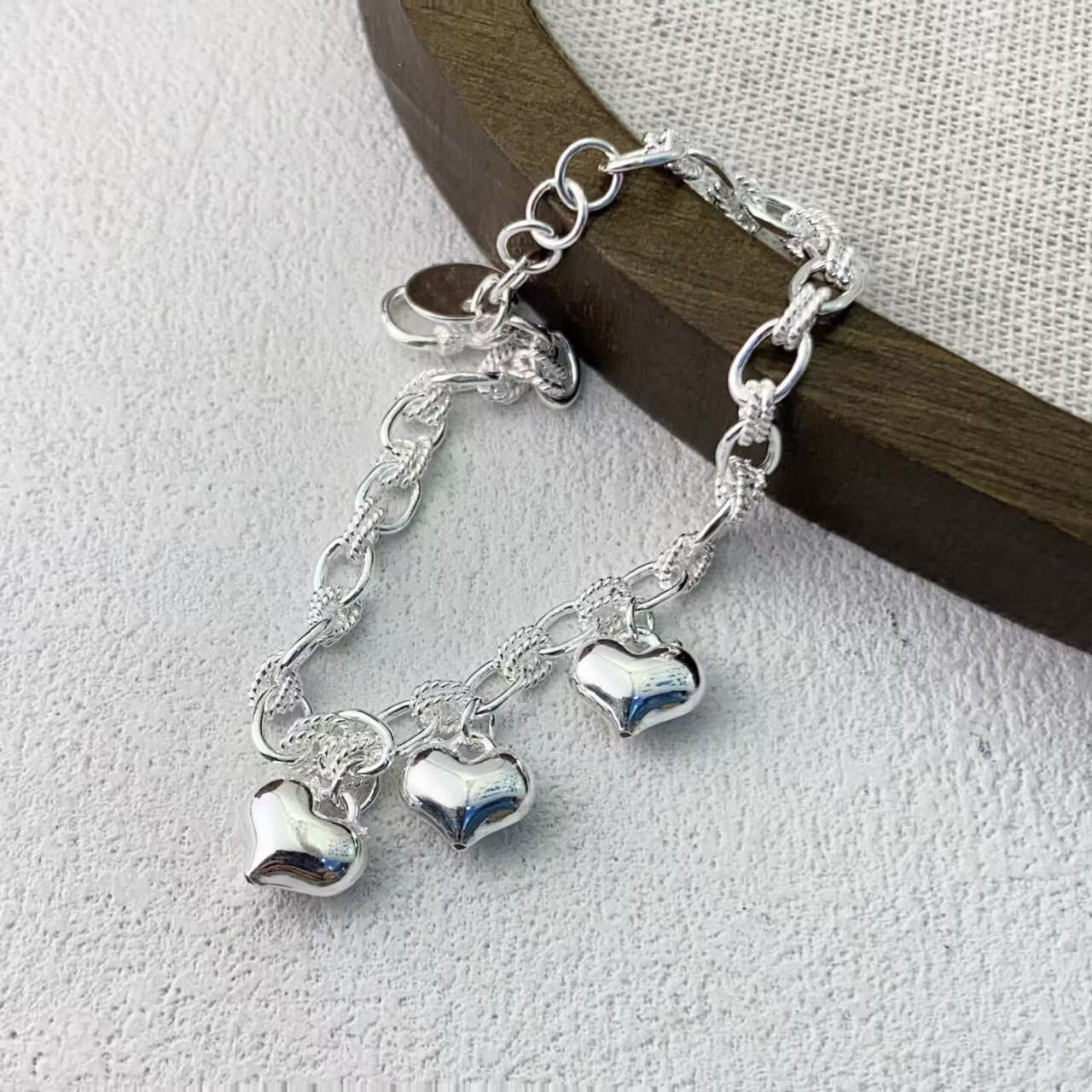 1pcs 999 Sterling Silver Puffy Heart Charm Bracelet, Elegant Trendy Style, Ideal For Birthday & Valentine's Gifts