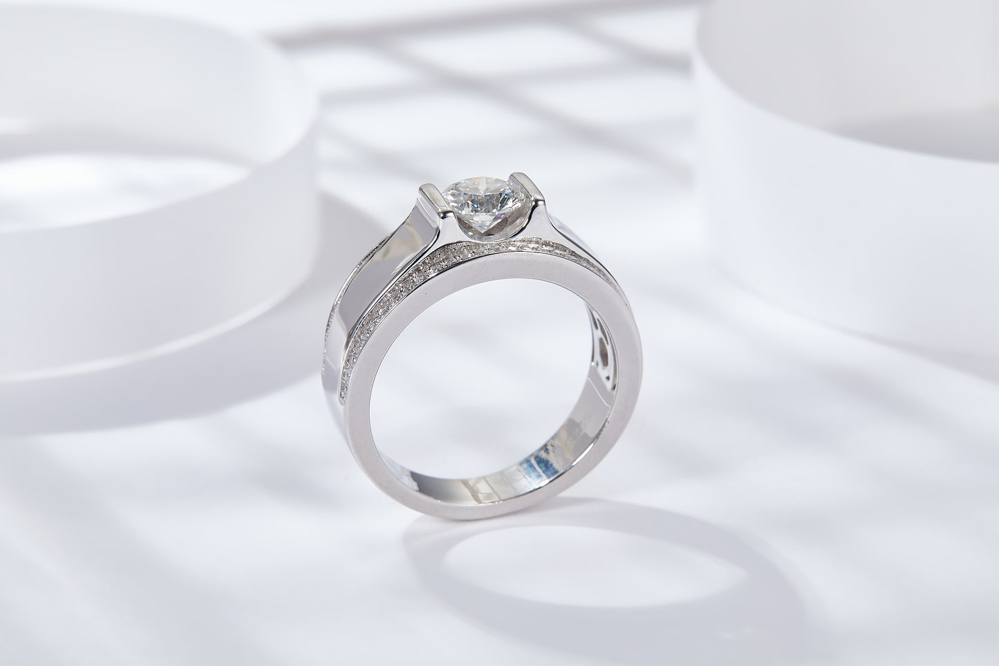 S925 Sterling Silver Wide Band Moissanite Ring, 1&2ct D-VVS1 Bezel Set With Pave Edges, US Sizes 5-9, GRA Certificate Gift Box