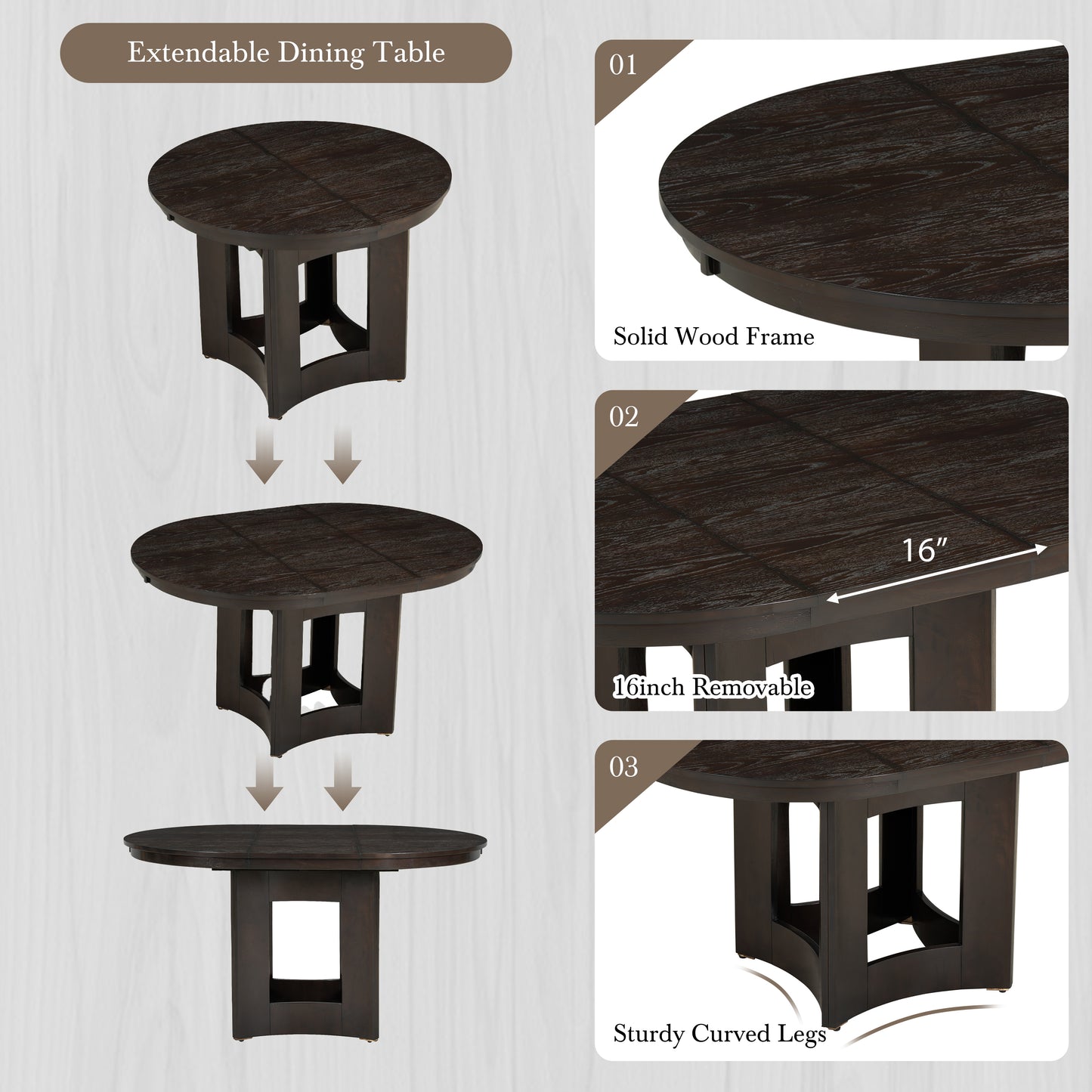 TOPMAX Farmhouse Extendable Round Dining Table Set For 4, 5-Piece Kitchen Table Set With 4 Upholstered Chairs And 16inch Removable Leaf For Small Places, Espresso Beige