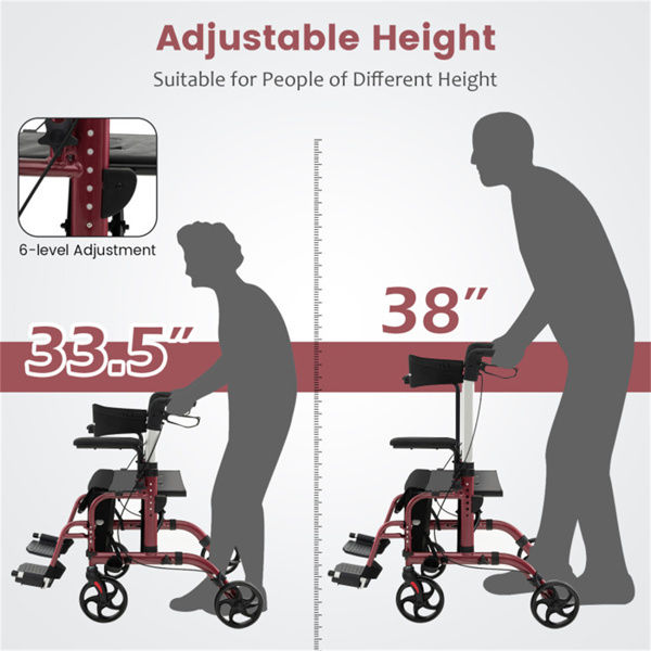 2-in-1 Rollator Walker & Wheelchair 300lbs 6-Level Adjustable Handles, 1-Hand Folding, Storage Bag Cane Holder For Elderly-Red