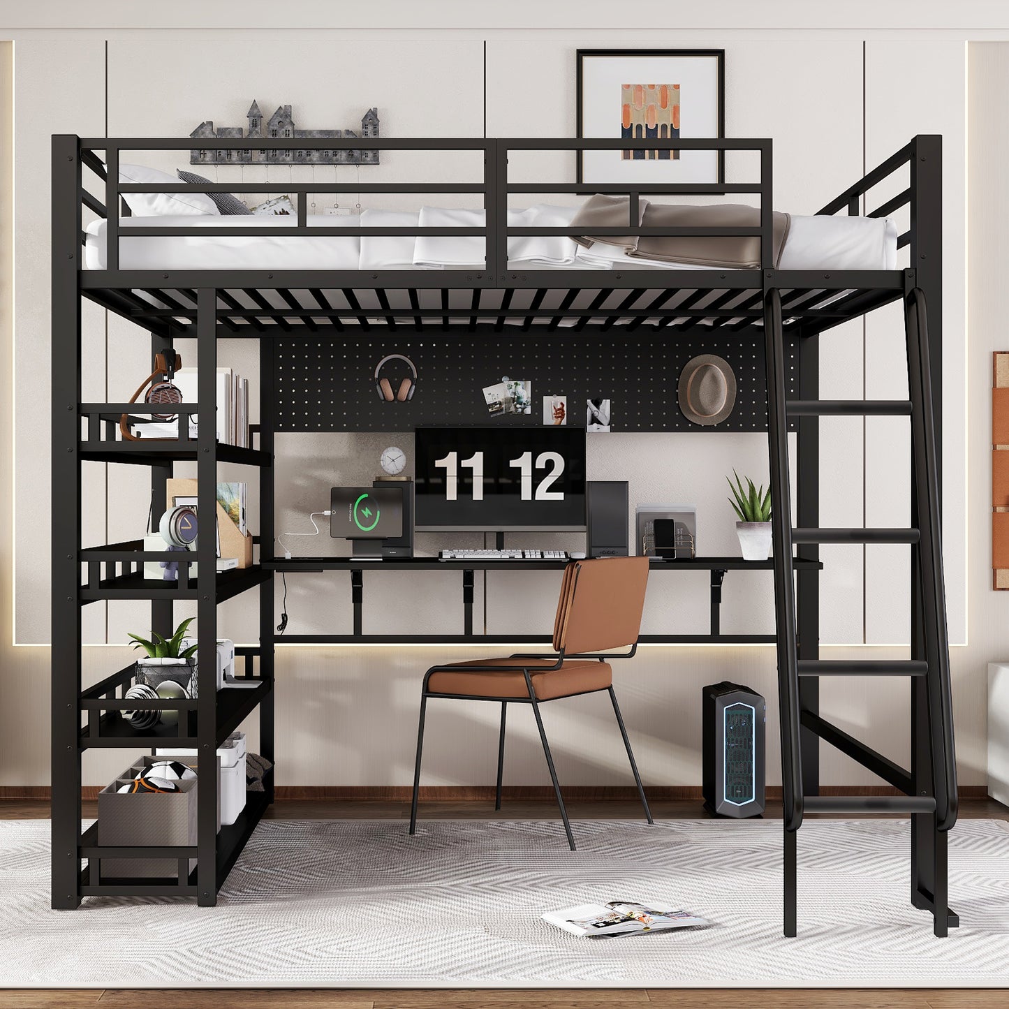 Iron Bed, Loft Bed, With Shelves And Plenty Of Storage Space, Equipped With Charging Port, Four-step Inclined Ladder, Can Hang Objects, Iron  Chipboard, Black, 140x200cm