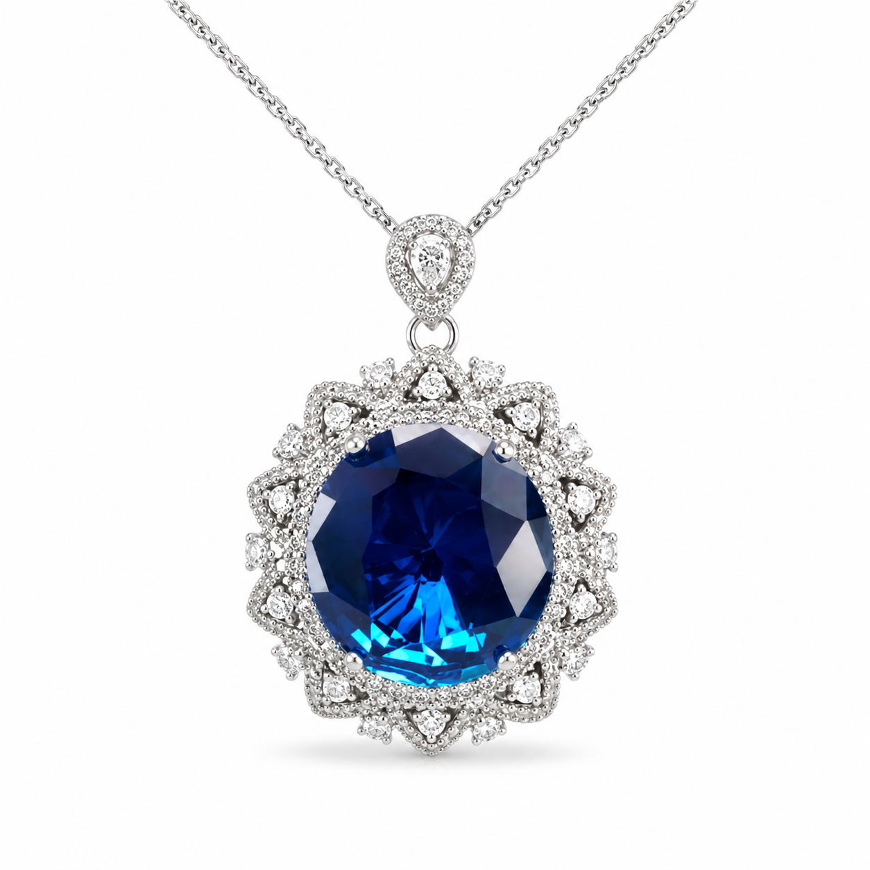 Oval Cut Royal Blue Simulated Sapphire Double Halo Pendant Necklace For Women, Copper Plated Silver White CZ Vintage Floral Halo Wedding Bridal Statement Jewelry Gift