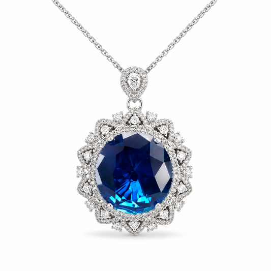 Oval Cut Royal Blue Simulated Sapphire Double Halo Pendant Necklace For Women, Copper Plated Silver White CZ Vintage Floral Halo Wedding Bridal Statement Jewelry Gift