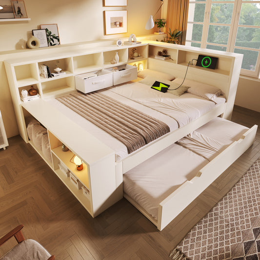 AB403945678W Storage Bed 140x200 In White, Wooden Bed With Pull-out Bed, 8 Storage Compartments & USB Type-C Charging  Space-saving Double & Youth Bed, Without Mattress