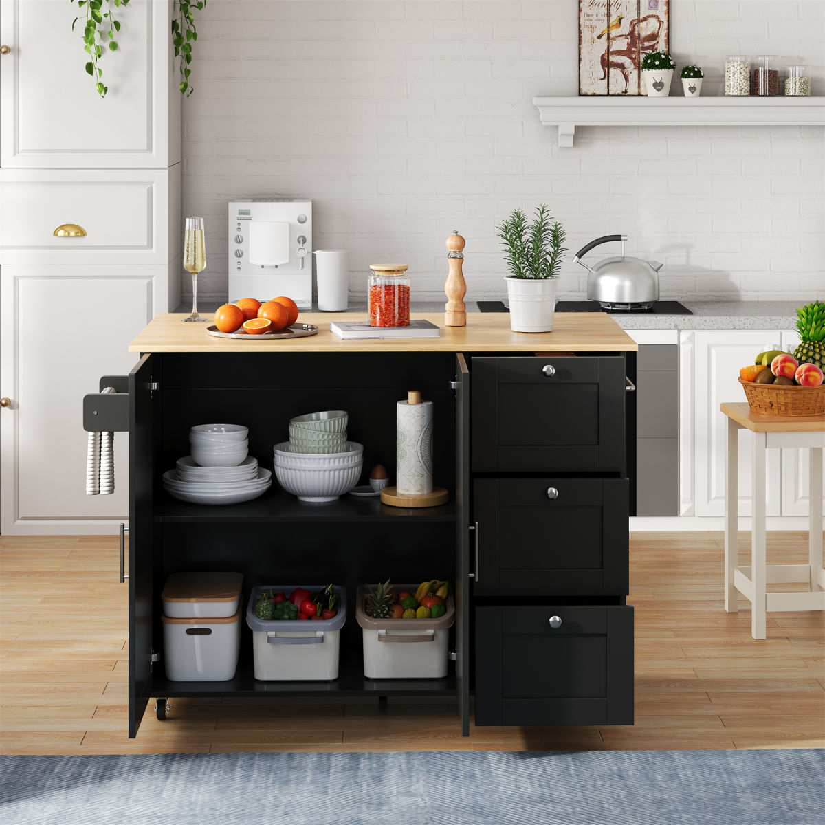 L135XW44  70XH90cm Large Mobile Kitchen Table, Oak Countertop, Folding Design, Multifunctional Cabinet, 3 Drawers, Towel Rail, Suitable For Kitchen, Dining Room, Home