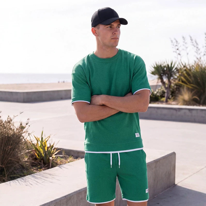 Athleisure T-shirt And Shorts Waffle-knit Set Korean-style Chic For Wearing Out