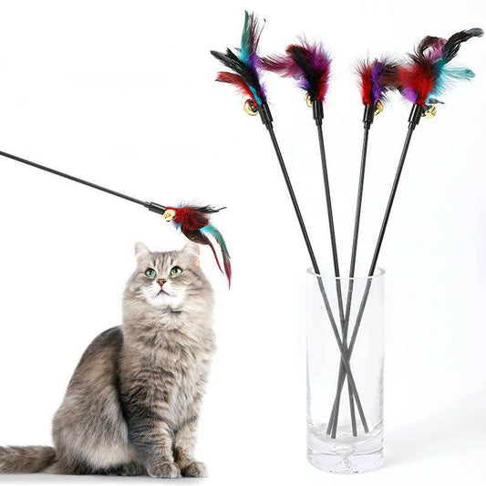 Rainbow Color Feather Toys Funny Cat Stick Plush Feathers With Bells Teaser Stick Interactive Pet Cat Playing Training Toy