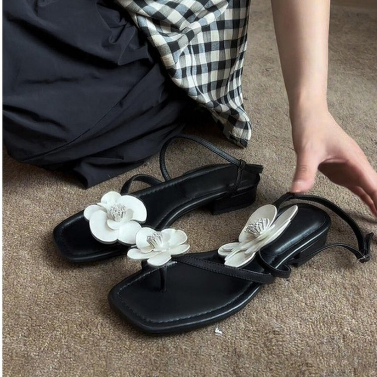 2026 Summer New Arrival, Fairy Style Floral Thong Low-Heel Sandals For Women, Square Toe Elegant Vacation Fashion Sandals