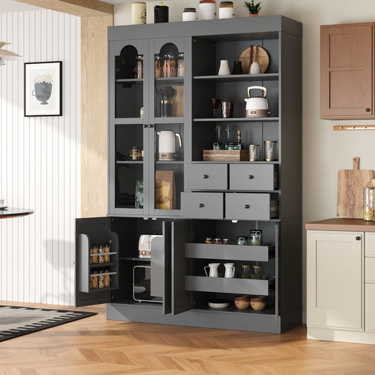 TOPMAx 47.2x15.7x75inch Freestanding Buffet With Hutch  Tall Kitchen Pantry Cabinet With 4 Drawers  Door Shelves And Pull- Out Trays For Dining Room  Living Room  Gray