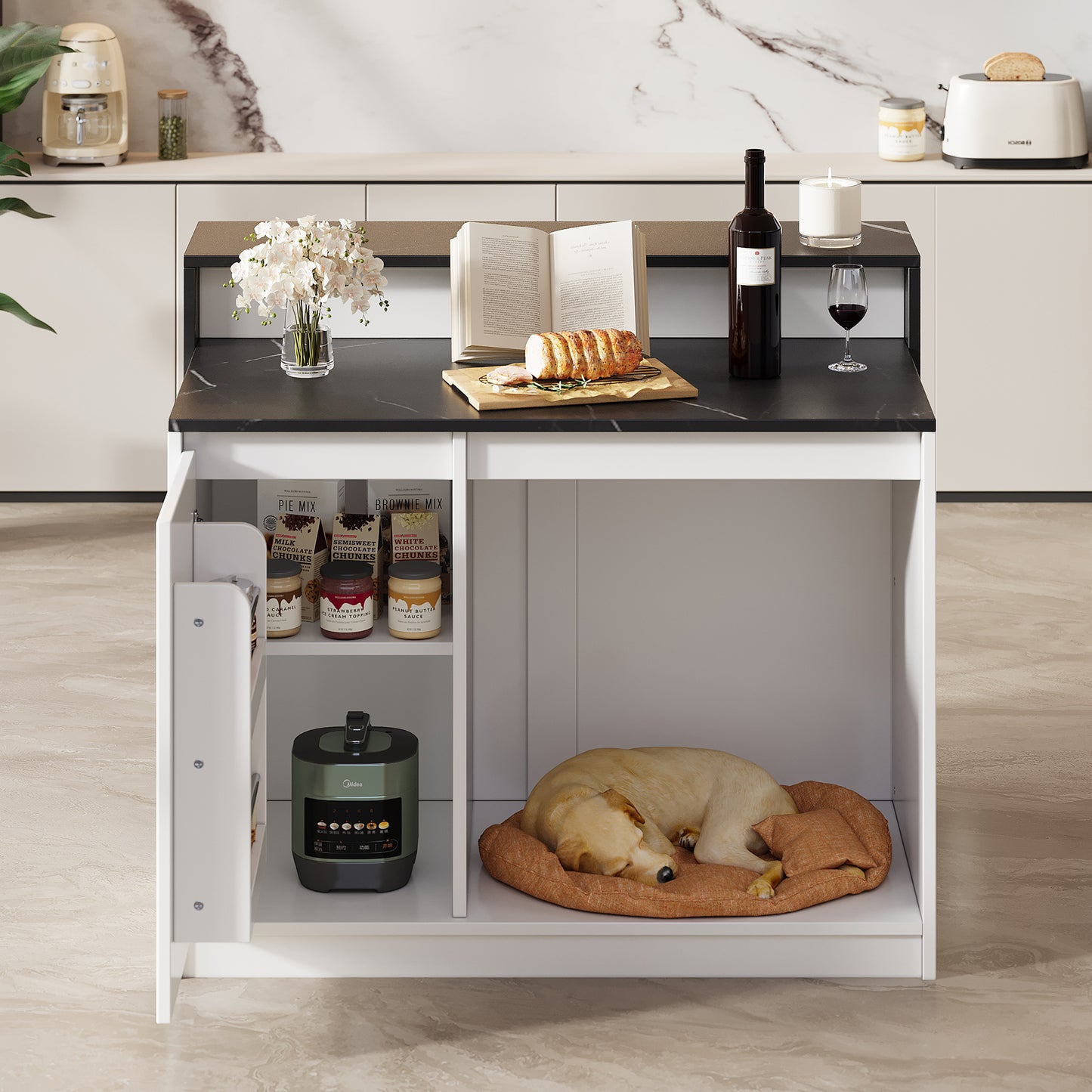 Kitchen Island, Kitchen Island With Bar Counter, Kitchen Table & Bar Counter, Multifunctional Kitchen Table, With Pet Rest Area, For Kitchen & Dining Room, White  Black Marble Look, 120x80x100cm