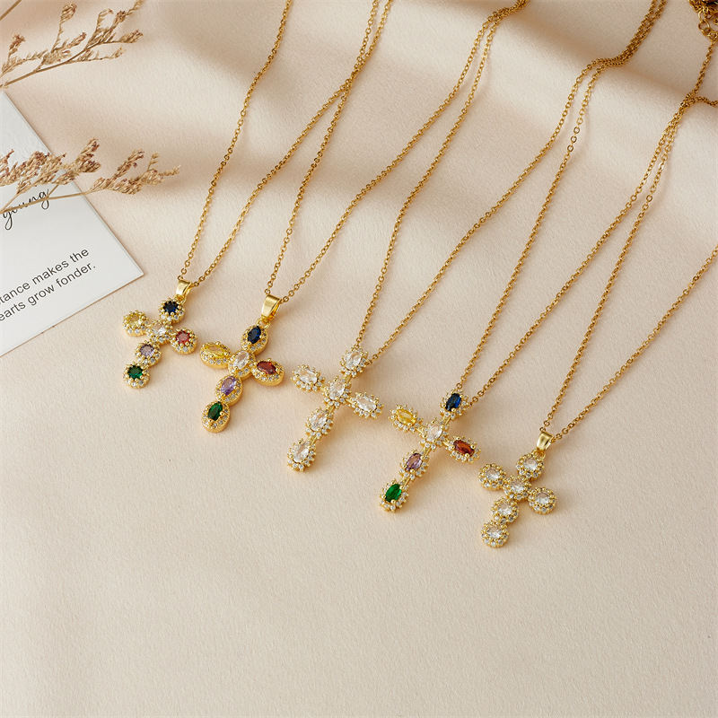 Cross Necklace Female Special-interest Design Micro Inlaid Color Zircon Pendant Clavicle Chain Accessories
