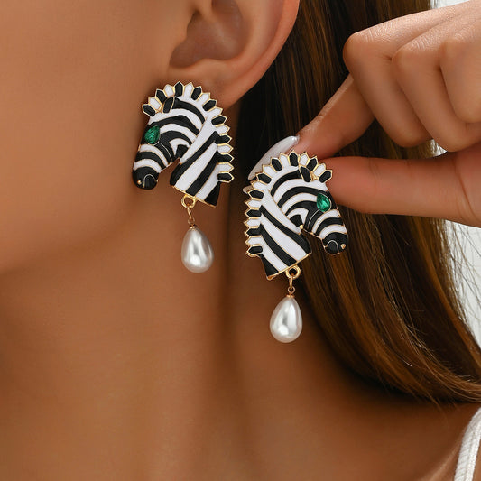 Cross-border European American Creative Oil Drip Earrings For Women, Unique Zebra Animal Design Inlaid Rhinestone & Pearl Drop Earrings, Fashion Ear Jewelry